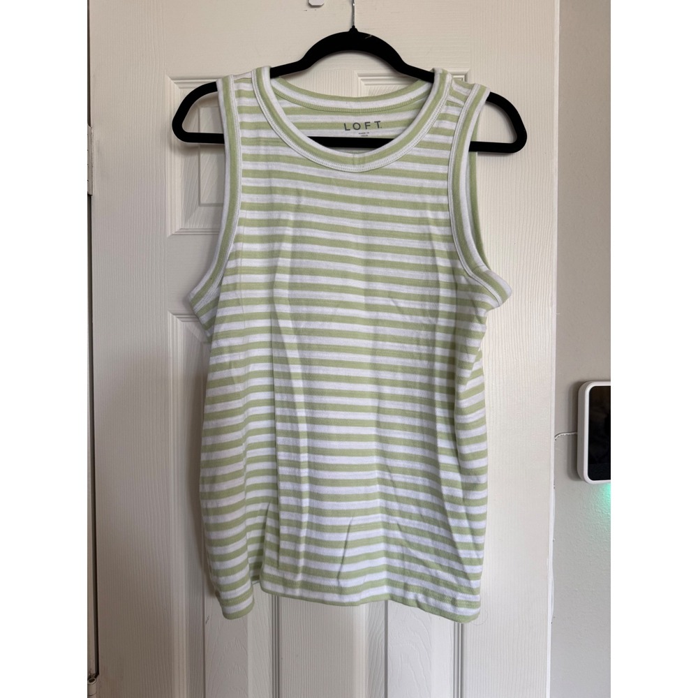 Loft Striped Tank Top Lime Green White Crew Neckβ Sleeveless Knit Shirt Large